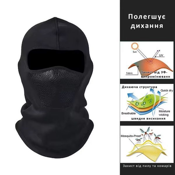 Повнолицева маска балаклава для велоспорту, що дихає, мотоциклетний підшоломник з сіткою для носа і рота чорний