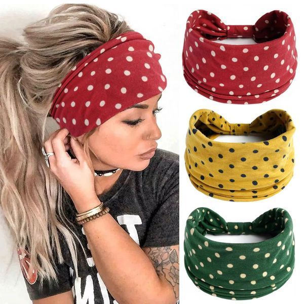 Женская широкая повязка на голову (style 21) красная в белый горошек