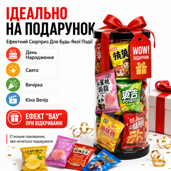 Китайский снек-бокс в прозрачном тубусе &mdash; попробуй то, что невозможно найти в обычном магазине!
